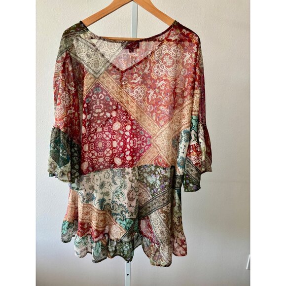 Boho Top 22/24 Patchwork Tunic Sheer Flowy Hare Print Festival CottageCore Fairy - Picture 2 of 16